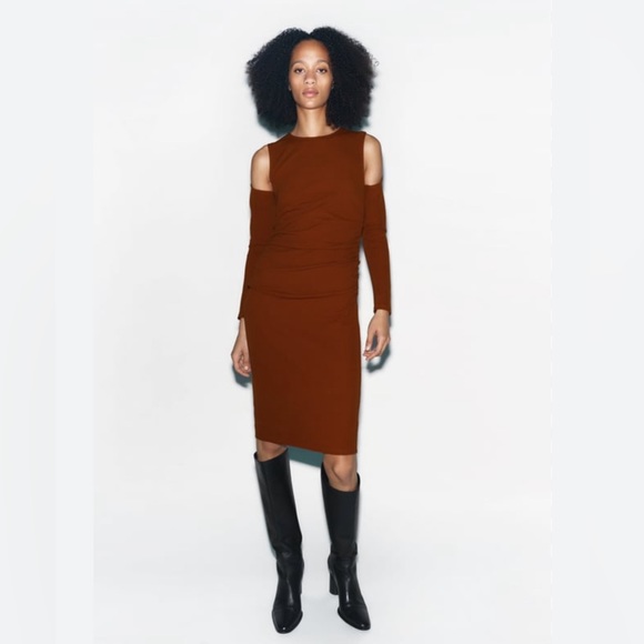 Zara Dresses & Skirts - Zara Brown Cutout Ruched Dress Size M